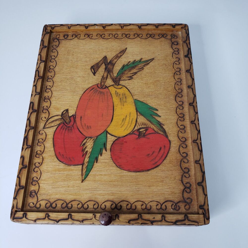 Vintage 70s Handcrafted Pyrography Wooden Trinket Stash Box with Sliding Lid